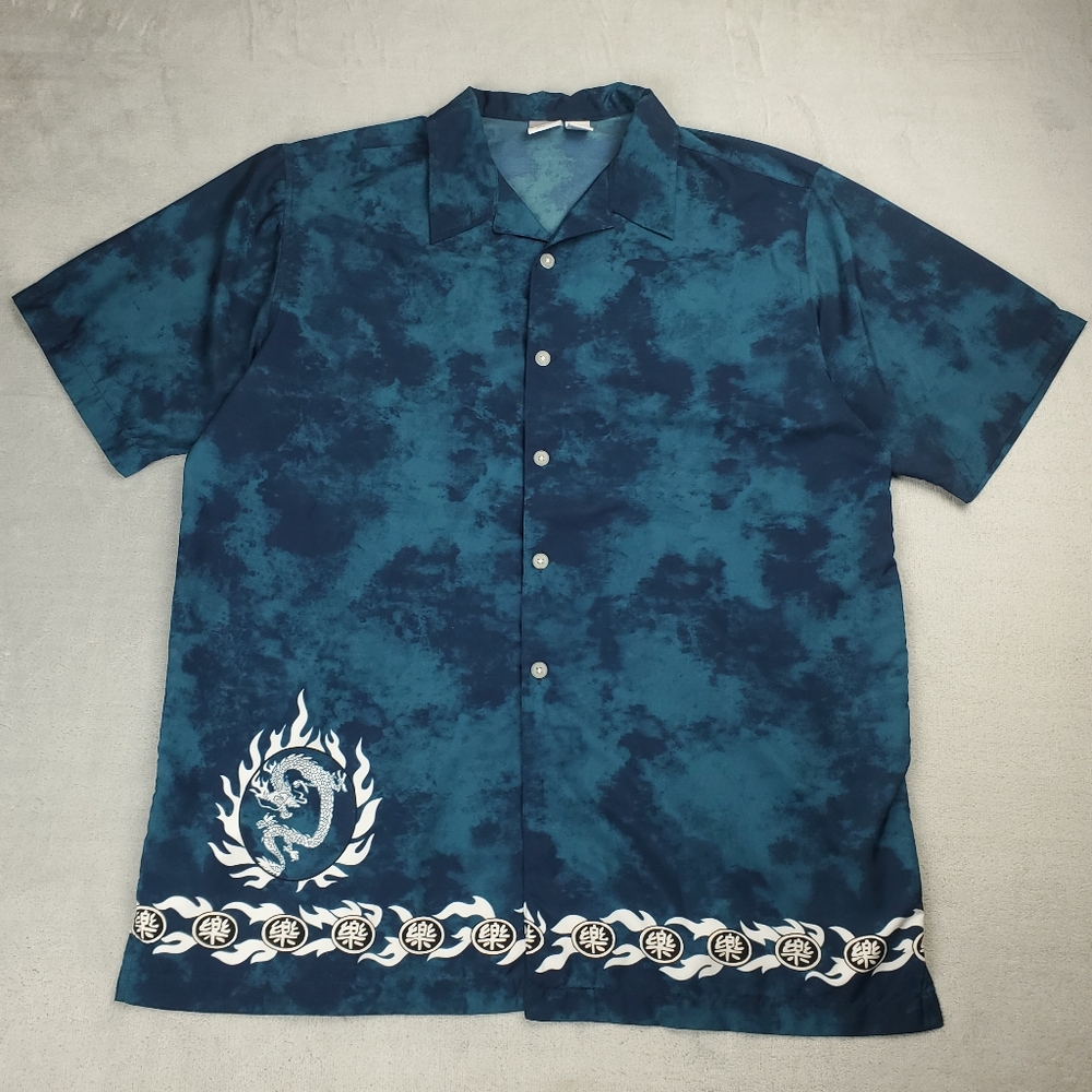 Vintage Utility Bowling Shirt Mens Large Asian Dragon Tribal Graphic Y2K AOP